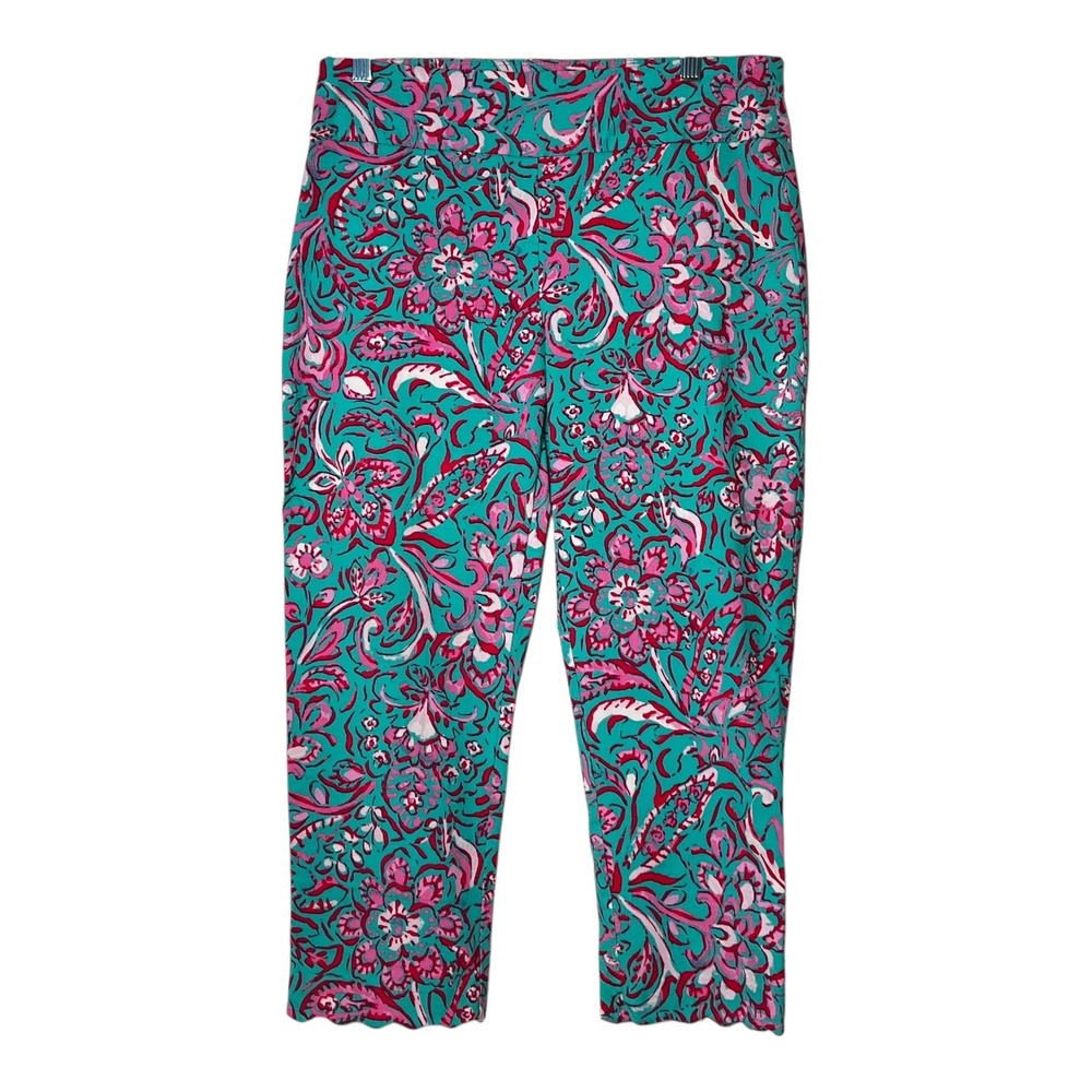Attyre New York Floral Paisley Scalloped Hem Cropped Pants Teal Pink Womens 12
